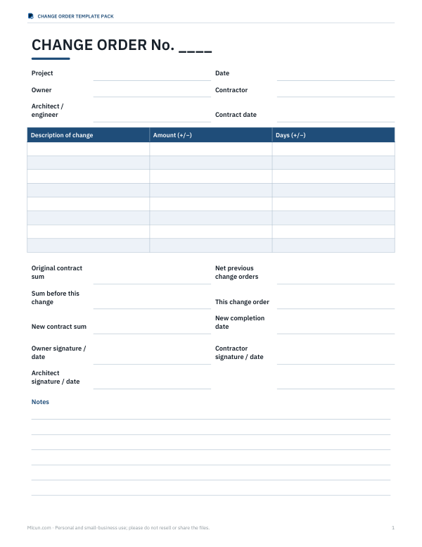 Preview of Change Order Template