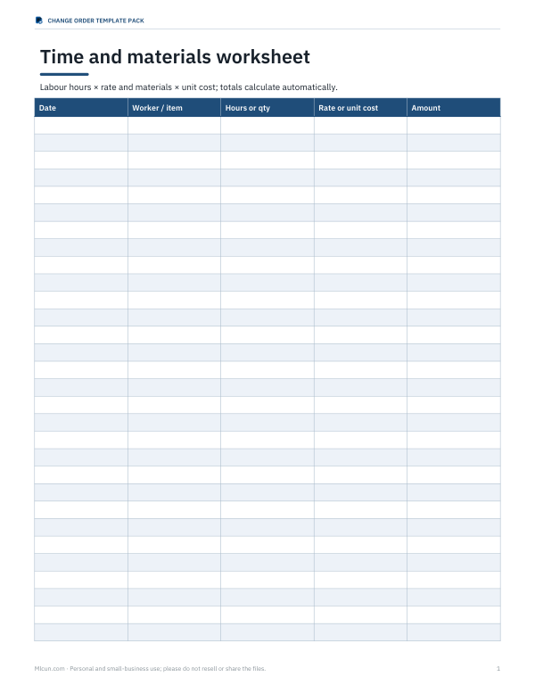 Preview of Printable T&M Worksheet